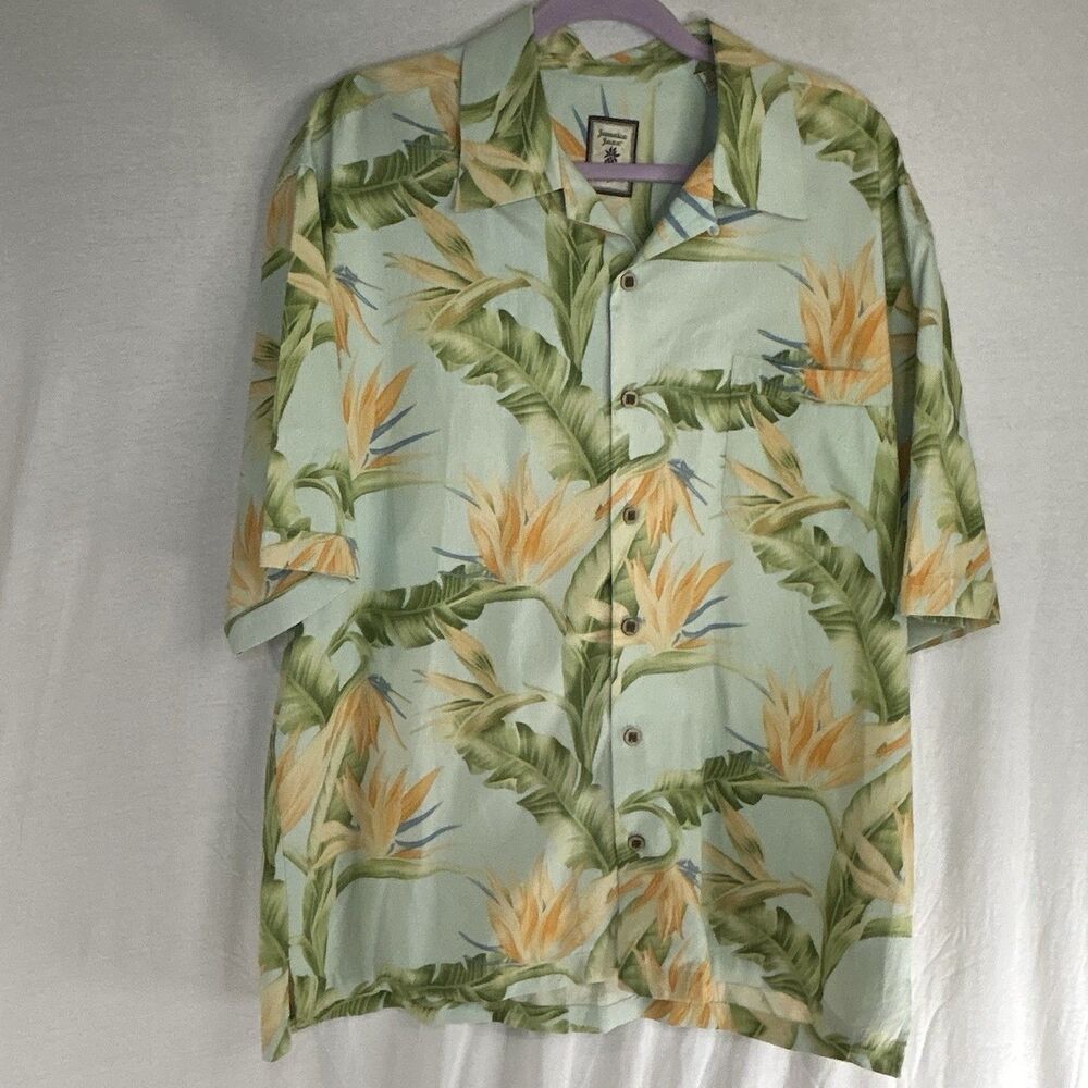 Jamaica Jaxx Hawaiian Shirt Mens XL Green Silk Floral Tropical Button Up Casual